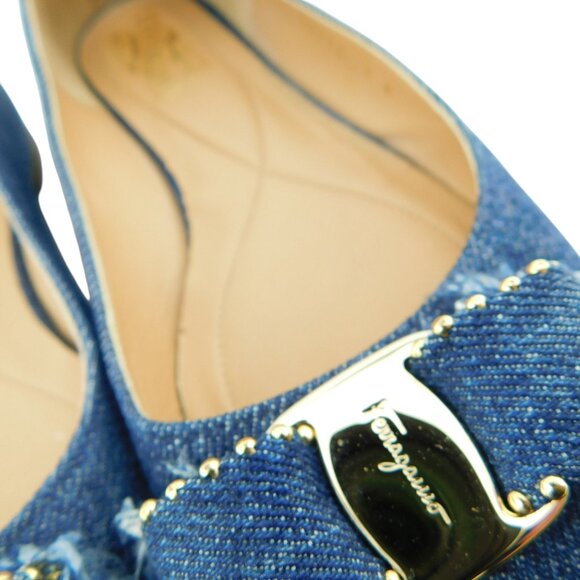 FERRAGAMO Vara Logo Studded Bow Denim Blue Jean Ballet Flats 9 - Picture 3 of 7